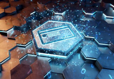 Mavi ve turuncu metal altıgen arka plana kazınmış ödeme kartı ikonu konsepti. Soyut dijital yüzeyde parlayan kredi kartı logosu. 3d oluşturma