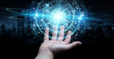 İş adamı eli karanlık arka planda. Elektrik küresi ile yenilenebilir ve sürdürülebilir eko enerji yaratıyor.