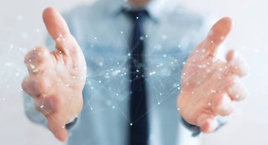 Bulanık arkaplandaki işadamı, noktalı ve 3B çizgili yüzen dijital ağ bağlantılarını kullanarak