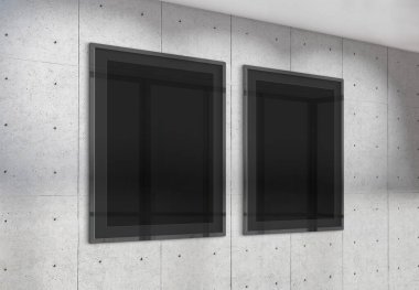 Ofis duvarında asılı iki dikey çerçeve. Modern beton şirketinin 3D döşeme içindeki reklam panolarının maketi