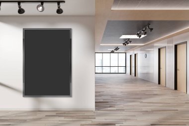 Ofis duvarında asılı siyah dikey çerçeve. Modern ahşap şirket iç mekanı 3D bir reklam panosunun kopyası.