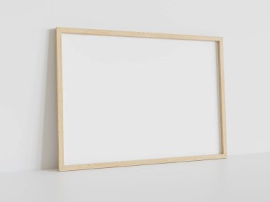 Beyaz dikdörtgen çerçeve, iç modelin beyaz zeminine dayanıyor. 3 boyutlu bir resimde çerçevelenmiş bir resmin şablonu