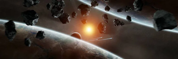 パノラマ宇宙惑星の背景 太陽系外惑星と宇宙の遠くの太陽系のパノラマNasaが提供するこの画像の3Dレンダリング要素 — ストック写真