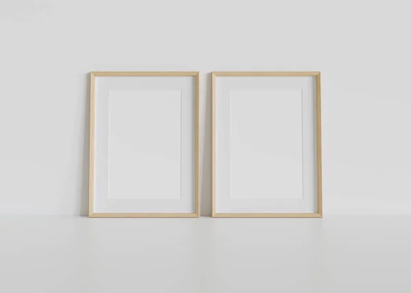 Dva Dřevěné Obdélníkové Rámy Opírající Bílou Podlahu Interiérovém Provedení Šablona — Stock fotografie