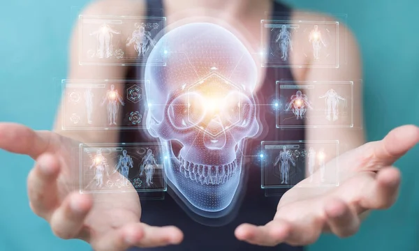 Woman on blurred background using digital x-ray skull holographic scan projection 3D rendering