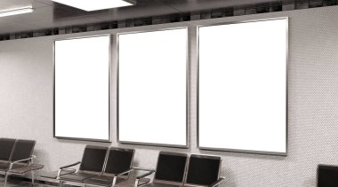 Yeraltı metro duvarında üç tane dikey reklam panosu var. Üç boyutlu reklam tablosu, tren istasyonunun iç mekânına istifçilik.