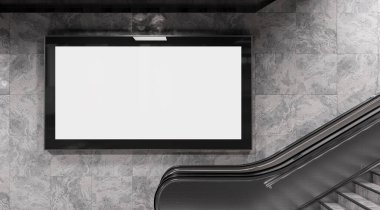 Metrodaki metro duvarında panoramik 2: 1 reklam panosu Mockup. İstasyon duvarına 3 boyutlu reklam istiflemek
