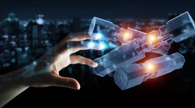 Koyu arkaplan üzerinde insan eli tutarak ve yeşil yenilenebilir enerji bataryasına dokunarak 3D görüntüleme