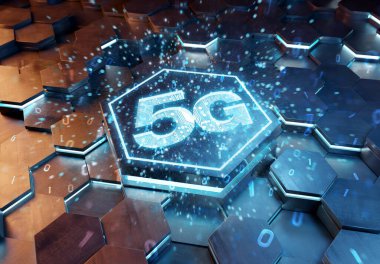 Mavi ve turuncu metal altıgen arkaplana oyulmuş 5G simge konsepti. Soyut dijital yüzeyde parlayan kablosuz teknoloji logosu. 3d oluşturma