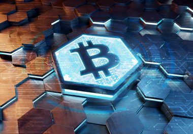 Mavi ve turuncu metal altıgen arkaplana kazınmış Bitcoin simgesi konsepti. Soyut dijital yüzeyde parlayan kripto para birimi sembolü. 3d oluşturma