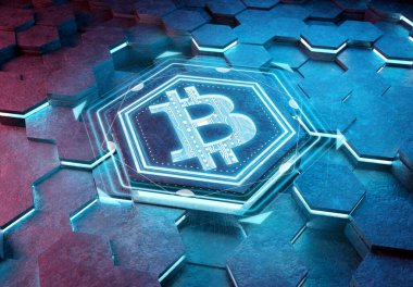 Mavi ve pembe metal altıgen arkaplana kazınmış Bitcoin simgesi konsepti. Soyut dijital yüzeyde parlayan kripto para birimi sembolü. 3d oluşturma