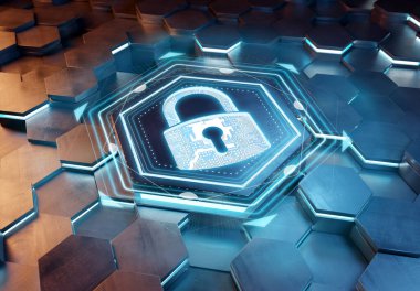 Mavi ve turuncu metal altıgen arka plana kazınmış web güvenlik simgesi konsepti. Soyut dijital yüzeyde parlayan asma kilit logosu. 3d oluşturma