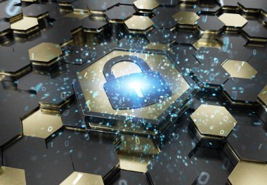 Siyah ve altın renkli altı köşeli kaideye kazınmış web güvenlik simgesi konsepti. Soyut dijital yüzeyde parlayan asma kilit logosu. 3d oluşturma