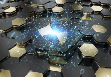 Siyah ve altın renkli altıgen kaidesel arkaplana kazınmış kalkan simgesi konsepti. Güvenlik logosu soyut dijital yüzeyde parlıyor. 3d oluşturma