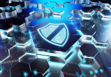 Mavi metal altıgen kaidesel arka plana kazınmış kalkan simgesi konsepti. Güvenlik logosu soyut dijital yüzeyde parlıyor. 3d oluşturma