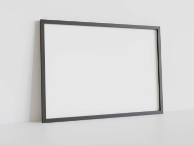 Siyah dikdörtgen çerçeve, iç modelin beyaz zeminine dayanıyor. 3 boyutlu bir resimde çerçevelenmiş bir resmin şablonu