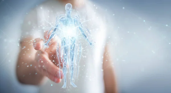Man Suddig Bakgrund Med Digital Röntgen Människokroppen Holografisk Skanning Projektion — Stockfoto