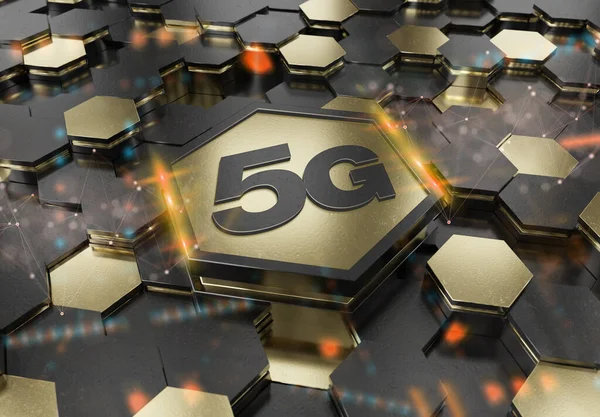 5G icon concept engraved on gold and black metal hexagonal pedestral background. Wireless technology logo glowing on abstract digital surface. 3d rendering