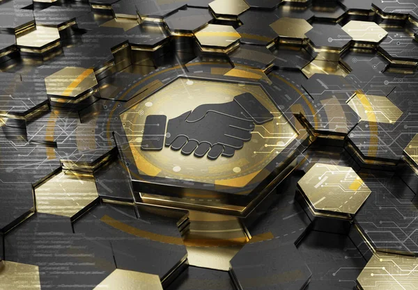 Handshake icon concept engraved on gold and black metal hexagonal pedestral background. Partnership logo glowing on abstract digital surface. 3d rendering
