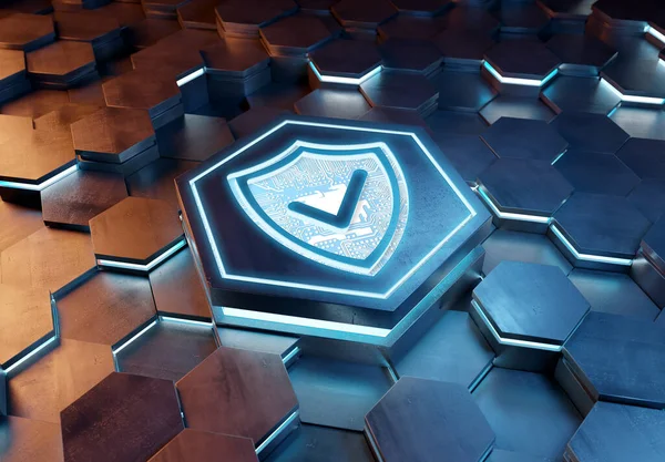 Shield Icon Concept Engraved Blue Orange Metal Hexagonal Pedestral Background — Stock Photo, Image