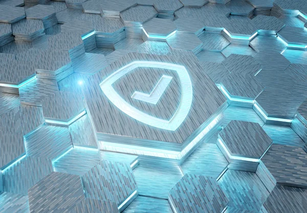 Beyaz ve mavi metal altıgen arkaplana kazınmış bir kalkan simgesi konsepti. Güvenlik logosu soyut dijital yüzeyde parlıyor. 3d oluşturma