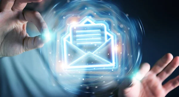 Homme Sur Fond Sombre Utilisant Interface Holographique Bleue Email Numérique — Photo