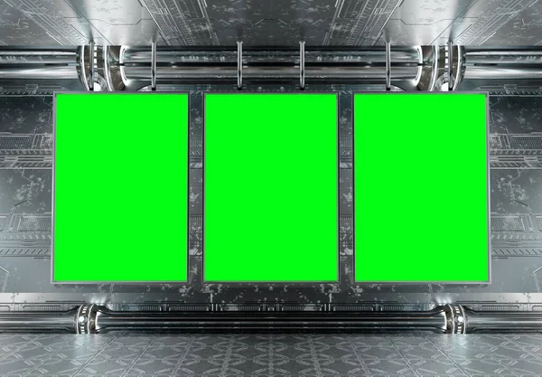 Három Függőleges Hirdetőtábla Futurisztikus Underground Mockup Ban Triptichon Felhalmozás Űrhajó — Stock Fotó