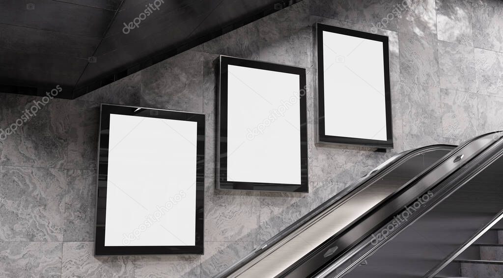 Three vertical billboards on underground wall Mockup. Hoardings advertising triptych on subway wall interior 3D rendering