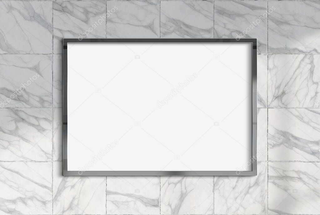 Billboard hanging on a sunlit marble wall mockup. Template of frame bathed in sunlight 3D rendering