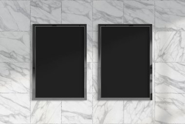 Güneşli mermer bir duvarda asılı iki reklam panosu. 3 boyutlu güneş ışığıyla yıkanmış çerçevelerin şablonu