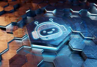 Mavi ve turuncu metal altıgen arka plana kazınmış Chatbot simgesi konsepti. Sohbet robotu logosu soyut dijital yüzeyde parlıyor. 3d oluşturma