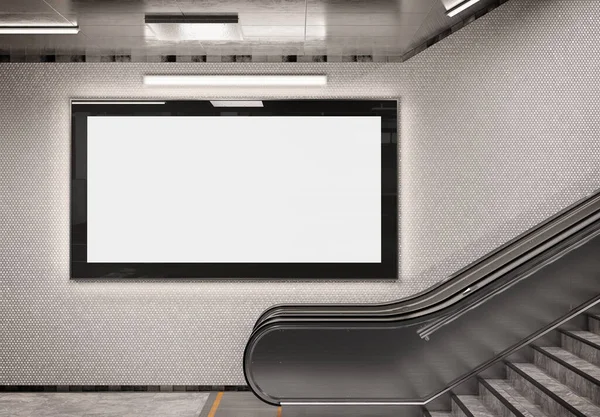 全景2 1个发光的广告牌在地铁地下壁炉架上 火车站墙壁3D渲染中的囤积广告 — 图库照片