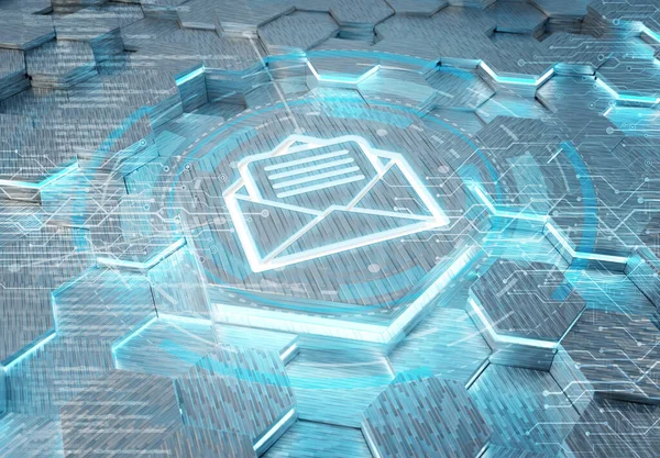 金属白と青の六角形の台座の背景に刻まれた電子メールアイコンの概念 抽象的なデジタル面に輝くメールロゴ 3Dレンダリング — ストック写真