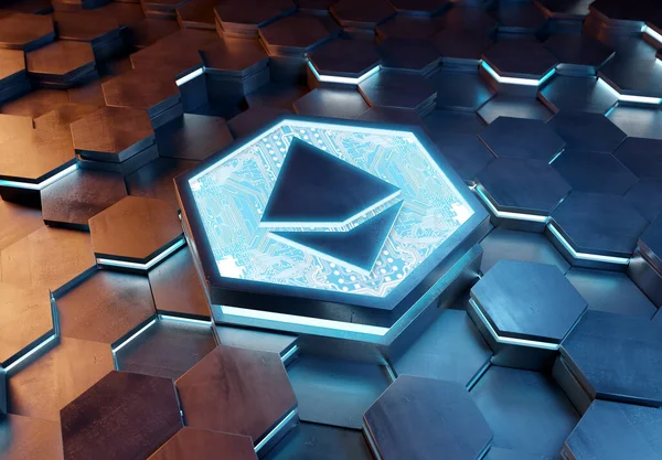 Conceito Ícone Ethereum Gravado Azul Laranja Metal Hexagonal Fundo Pedestre — Fotografia de Stock