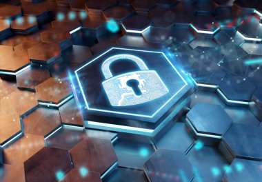 Mavi ve turuncu metal altıgen arka plana kazınmış web güvenlik simgesi konsepti. Soyut dijital yüzeyde parlayan asma kilit logosu. 3d oluşturma