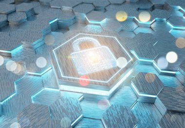 Beyaz ve mavi metal altıgen arka plana kazınmış web güvenlik simgesi konsepti. Soyut dijital yüzeyde parlayan asma kilit logosu. 3d oluşturma