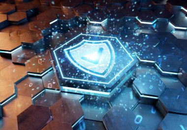 Mavi ve turuncu metal altıgen arkaplana kazınmış kalkan simgesi konsepti. Güvenlik logosu soyut dijital yüzeyde parlıyor. 3d oluşturma