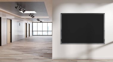 Ofis duvarında asılı siyah yatay çerçeve. Modern ahşap şirket iç mekanı 3D bir reklam panosunun kopyası.
