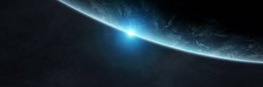 Panoramik gezegen Dünya arka planı. Güneşin doğuşu sırasındaki uzay manzarası NASA tarafından desteklenen bu görüntünün 3 boyutlu görüntüleme elementleri