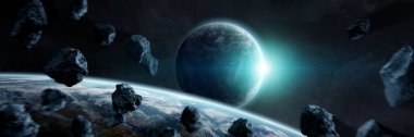 Panoramik uzay gezegenlerinin arka planı. Evrendeki uzak güneş sistemi panoraması NASA tarafından desteklenen bu görüntünün 3 boyutlu görüntüleme elementleriyle donatılmıştır.