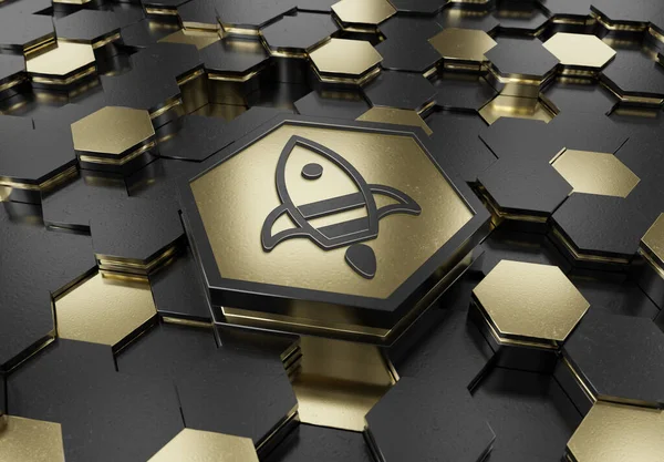 Conceito Inovação Ícone Nave Espacial Gravado Preto Ouro Metal Hexagonal — Fotografia de Stock