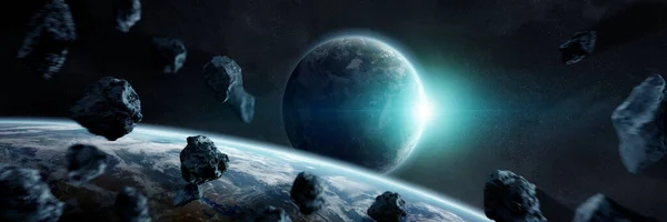 Panoráma Tér Bolygók Háttér Panoráma Távoli Naprendszer Kozmoszban Exobolygókkal Renderelő — Stock Fotó