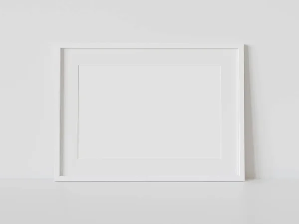 Quadro Retangular Branco Inclinado Chão Branco Interior Mockup Modelo Uma — Fotografia de Stock