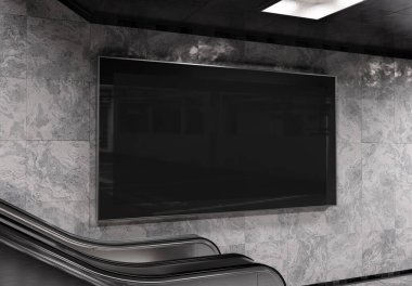 Metrodaki metro duvarında panoramik 2: 1 reklam panosu Mockup. İstasyon duvarına 3 boyutlu reklam istiflemek