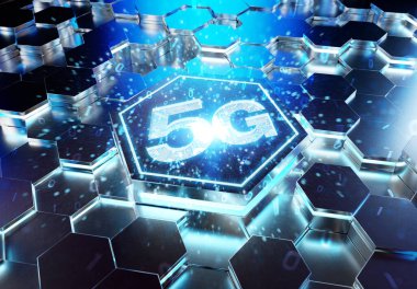Mavi metal altıgen arka plana oyulmuş 5G simge konsepti. Soyut dijital yüzeyde parlayan kablosuz teknoloji logosu. 3d oluşturma