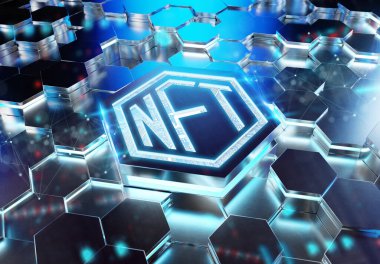 Mavi metal altıgen arka planda NFT karşılanamaz jetonlar konsepti. Soyut dijital yüzeyde NFT logosu. 3d oluşturma