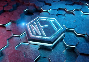 Mavi ve pembe metal altıgen arka planda NFT karşılanamaz jetonlar konsepti. Soyut dijital yüzeyde NFT logosu. 3d oluşturma