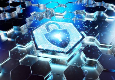 Mavi metal altıgen arka plana kazınmış web güvenlik simgesi konsepti. Soyut dijital yüzeyde parlayan asma kilit logosu. 3d oluşturma