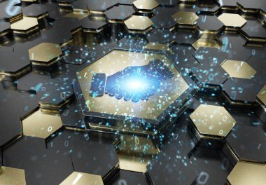 Altın ve siyah metal altıgen arkaplana kazınmış el sıkışma ikonu konsepti. Soyut dijital yüzeyde parlayan ortaklık logosu. 3d oluşturma