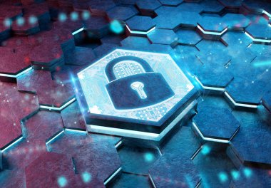 Mavi ve pembe metal altıgen arka plana kazınmış web güvenlik simgesi konsepti. Soyut dijital yüzeyde parlayan asma kilit logosu. 3d oluşturma